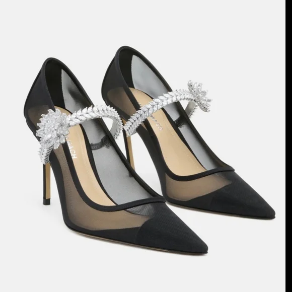 MACH & MACH Lotus Flower Crystal Mesh Pumps Black Stiletto Heels EU38 $1100 - Picture 1 of 11